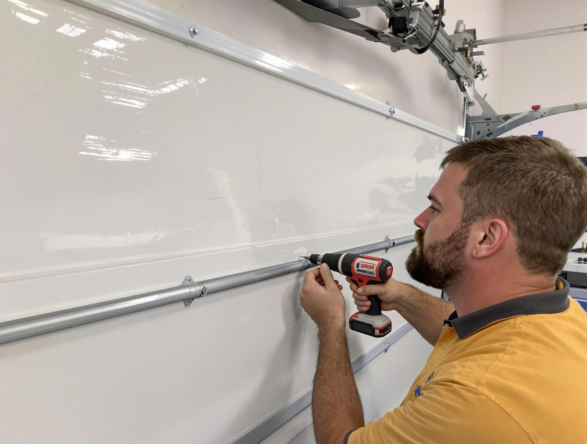 Hinsdale Garage Door Repair expert performing dent repair on garage door in Hinsdale