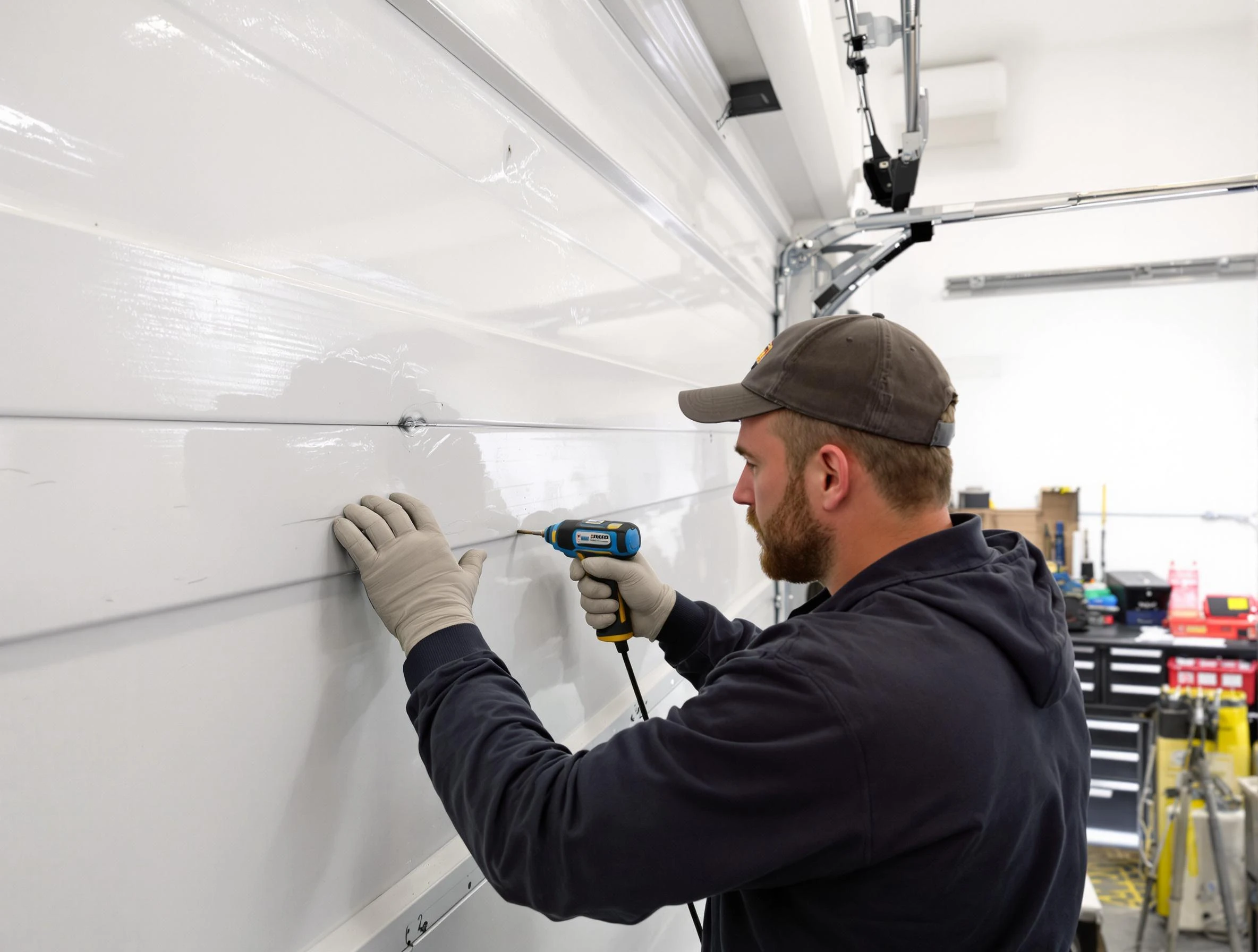 Hinsdale Garage Door Repair technician demonstrating precision dent removal techniques on a Hinsdale garage door